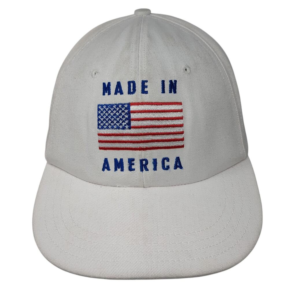 Made In America Strapback Baseball Cap White OS Adjustable Patriotic Unionwear